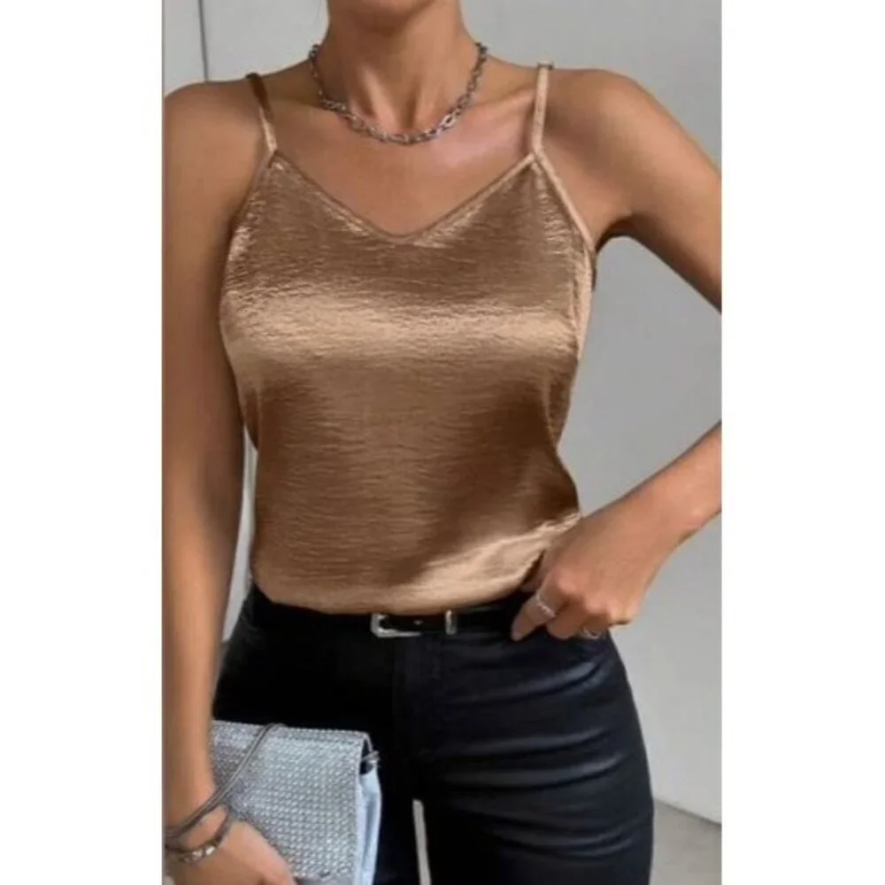 Chic Coffee Brown Solid Color Glossy Camisole Top - Picture 5 of 7